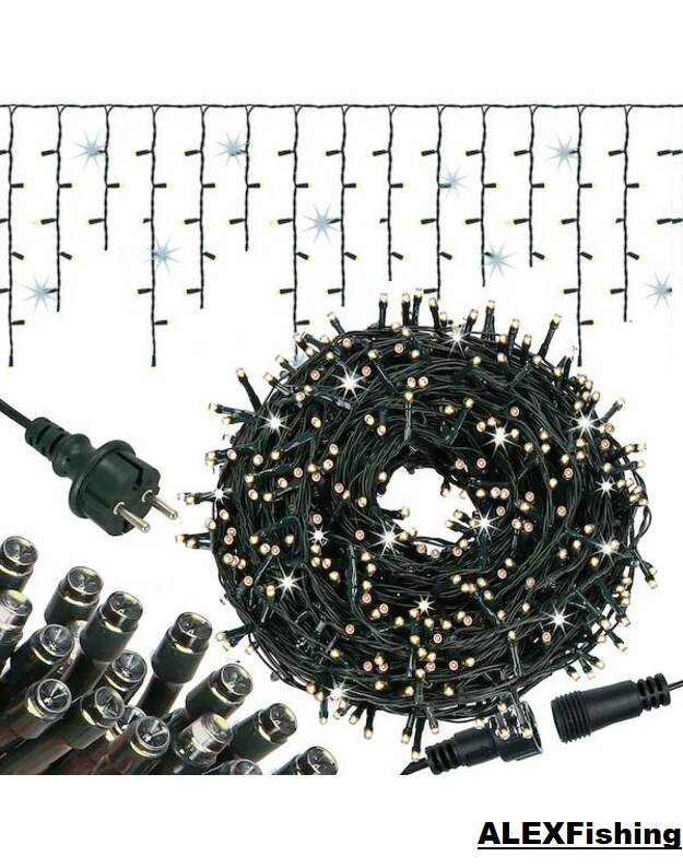 500 Led girlianda varvekliai Mėlyna + Šalta balta blykstė 20m