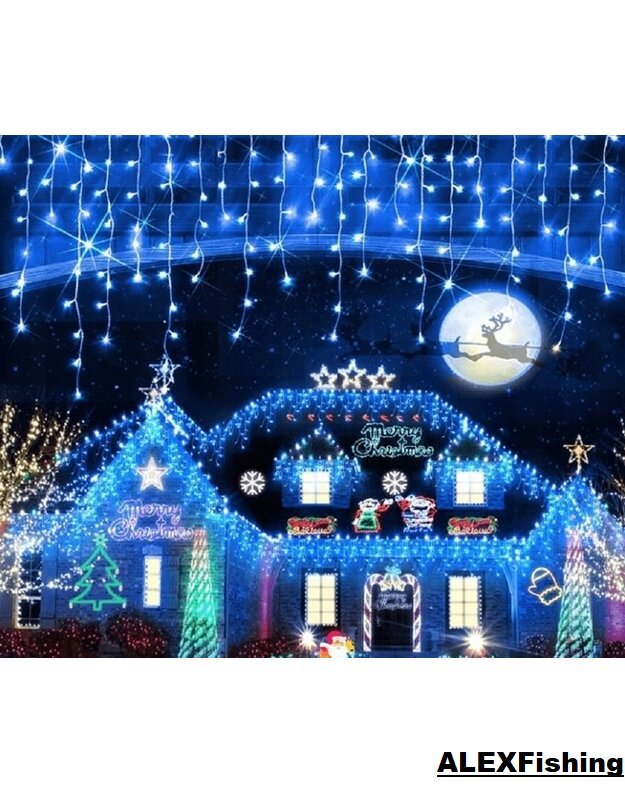 500 Led girlianda varvekliai Mėlyna + Šalta balta blykstė 23m